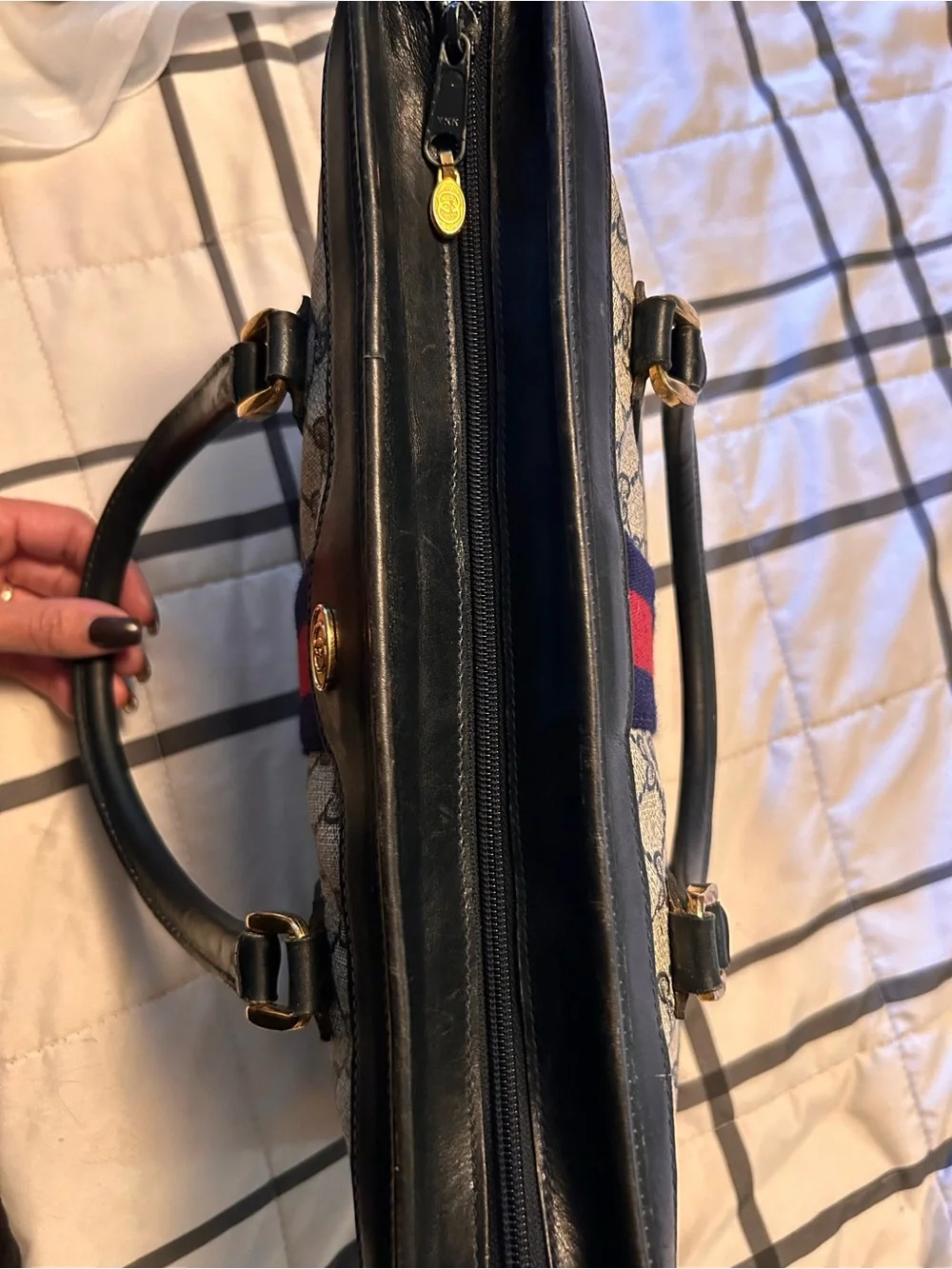 Gucci GG Supreme Briefcase Tote in Beige with Blue and Red Stripe